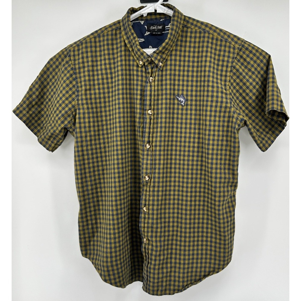 Dark Seas Short Sleeve Button Down Light Flannel Olive Green Blue Checkered XL